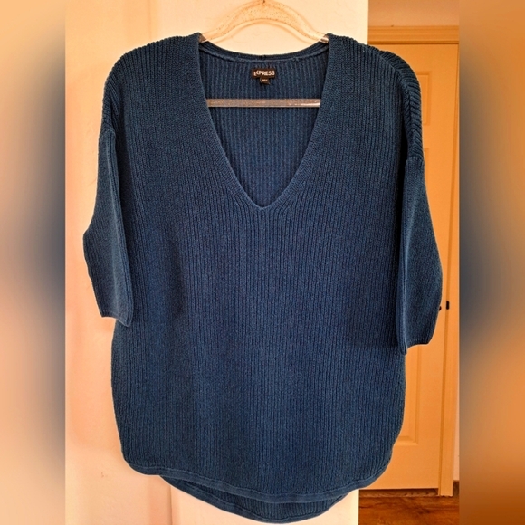 Express Blue V-Neck Sweater with Relaxed Fit V-Neck 3/4 Dolman Sleeves Medium - Picture 2 of 7